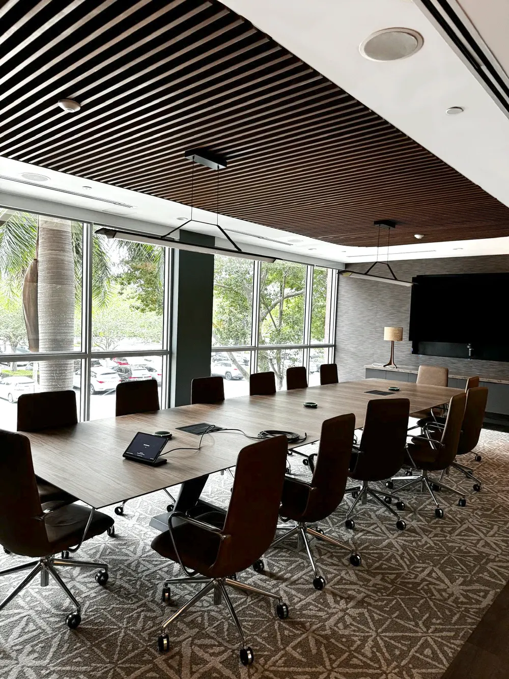 Architectural wood slat ceiling installed by Dabcon